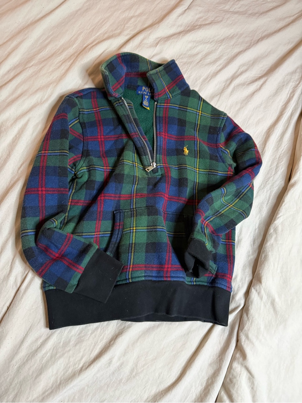 Polo by Ralph Lauren Green Navy Red Plaid Quarter-Zip Sweater